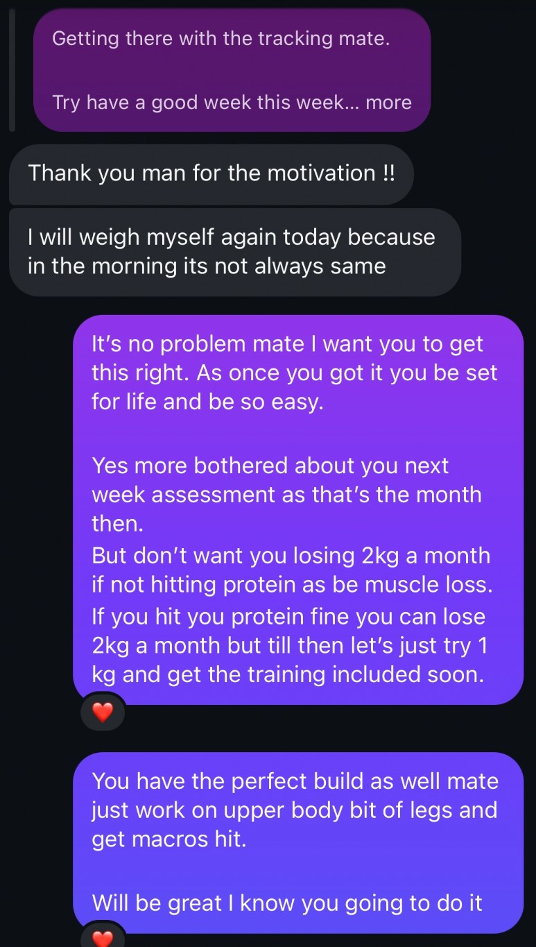 Coaching conversation about protein intake, aiming for 1 kg a month until protein is consistent, and adding training